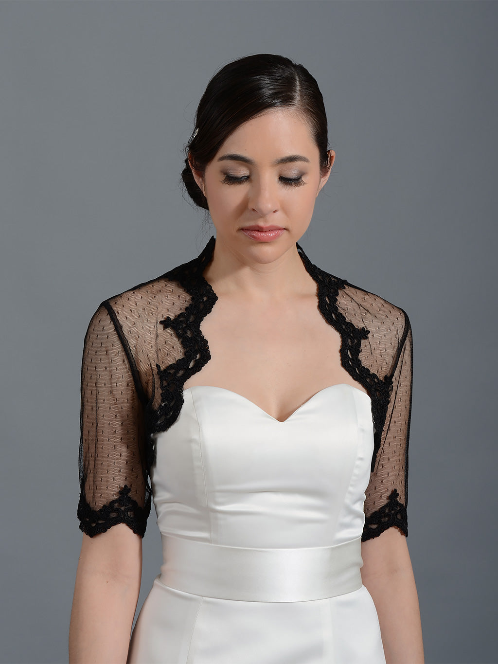 Black Elbow Length Bridal Dot Lace Wedding Bolero Jacket Lace 081