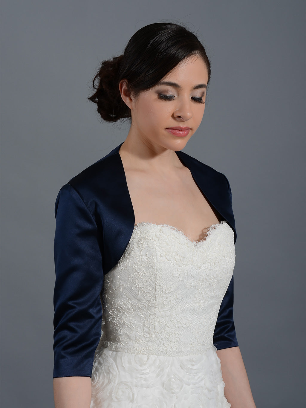 Navy Blue 3 4 Sleeve Wedding Satin Bolero Jacket Satin009 NavyBlue