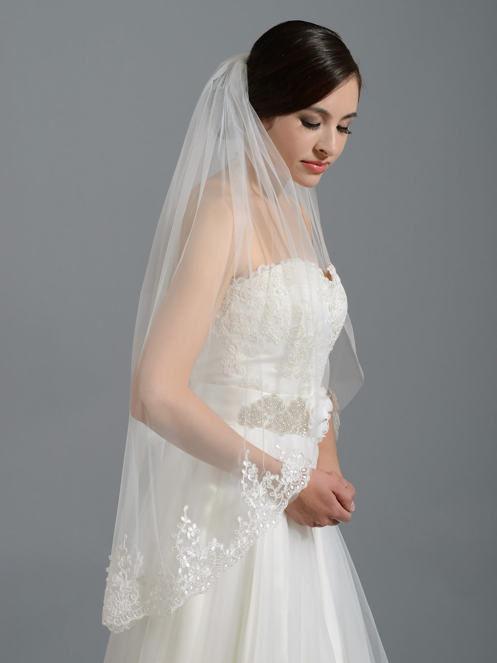 Cheap Ivory Alencon Lace Trim Long Wedding Veil