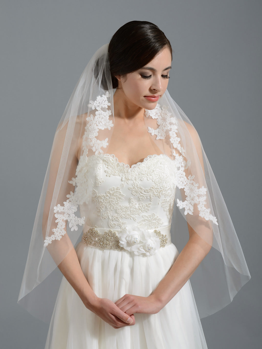 Cheap Ivory Alencon Lace Trim Long Wedding Veil