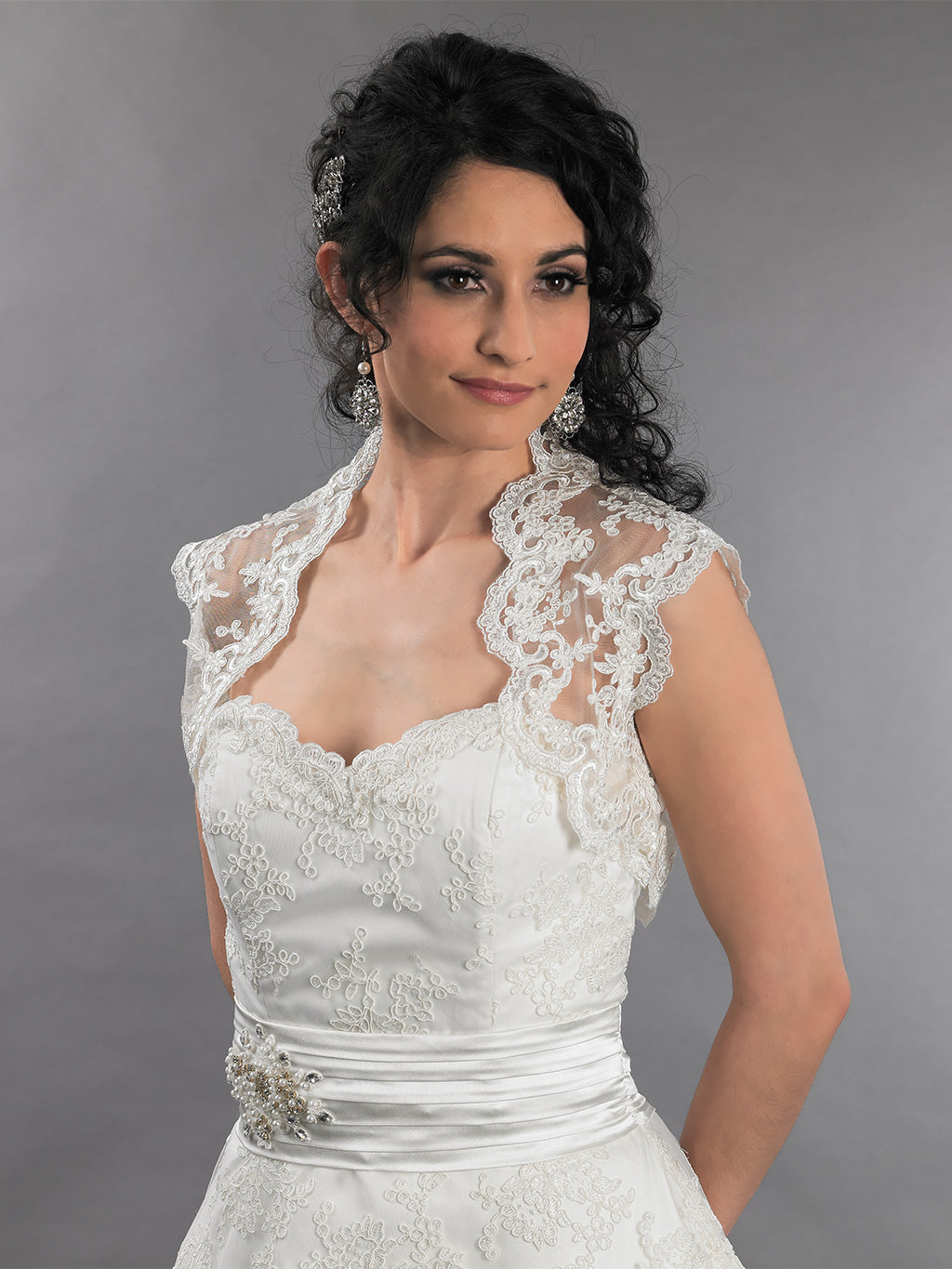 Ivory sleeveless bridal alencon lace bolero jacket -- Lace_111