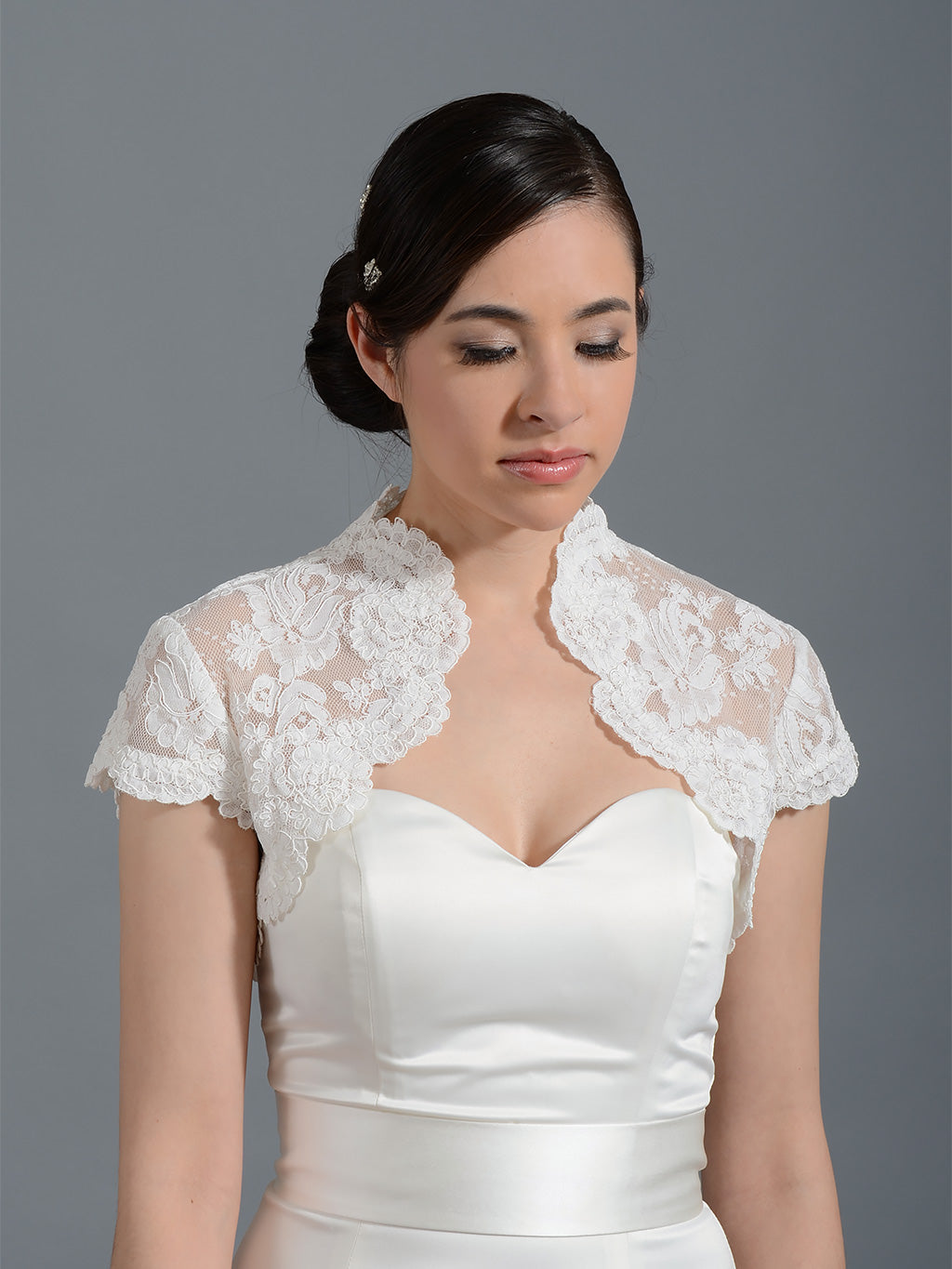 Mandarin collar alencon lace bolero Lace_070 White/Ivory