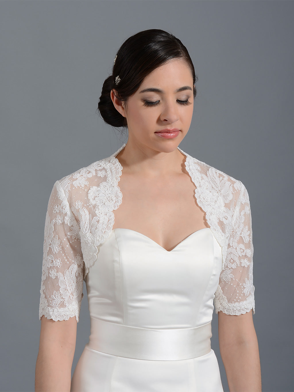 Elbow sleeve bridal alencon lace bolero jacket - Lace_078