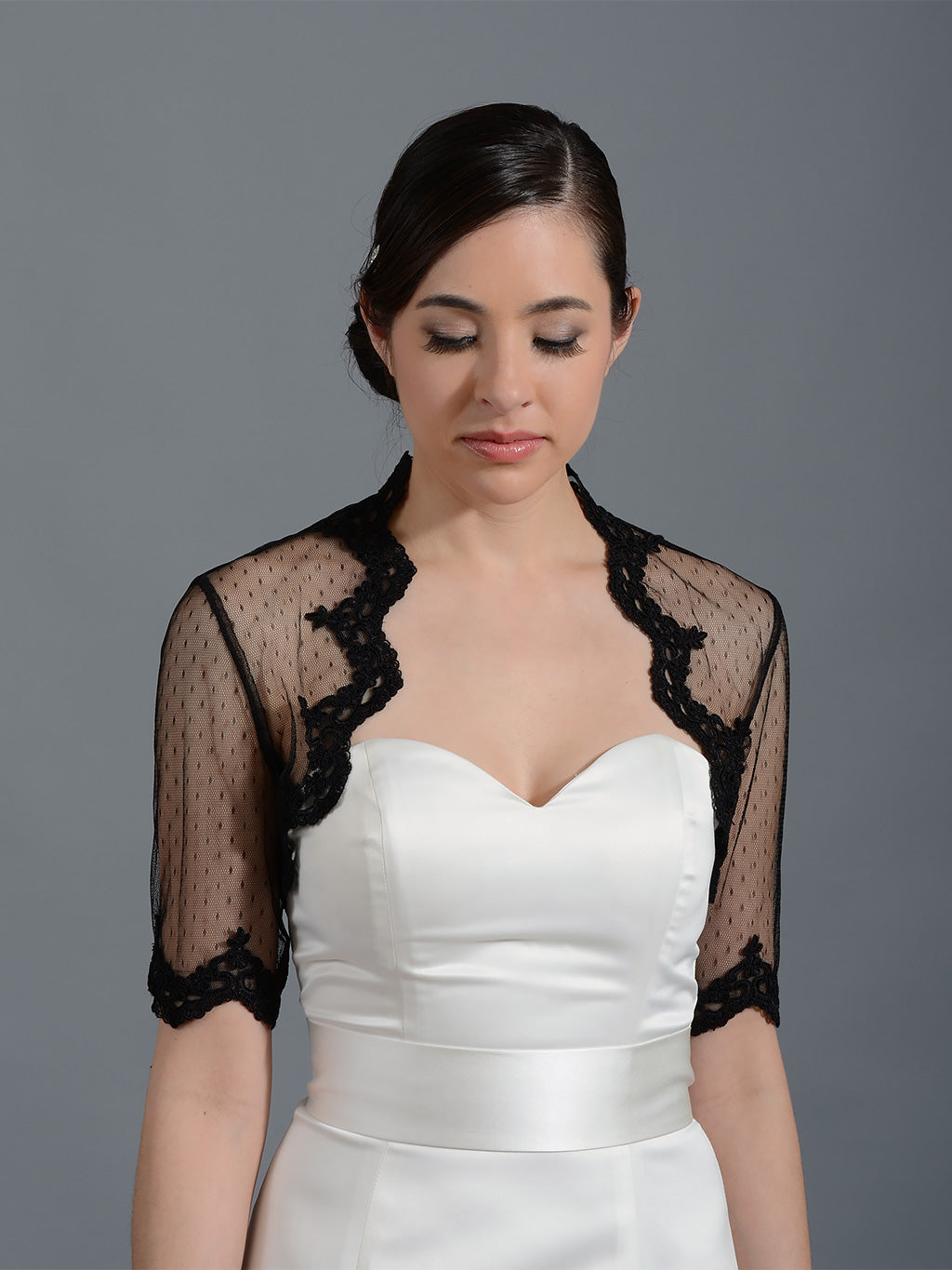 Black elbow length bridal dot lace wedding bolero jacket Lac