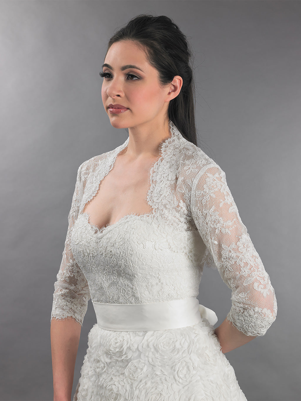 3/4 sleeve ivory bridal alencon lace bolero jacket - Lace_112