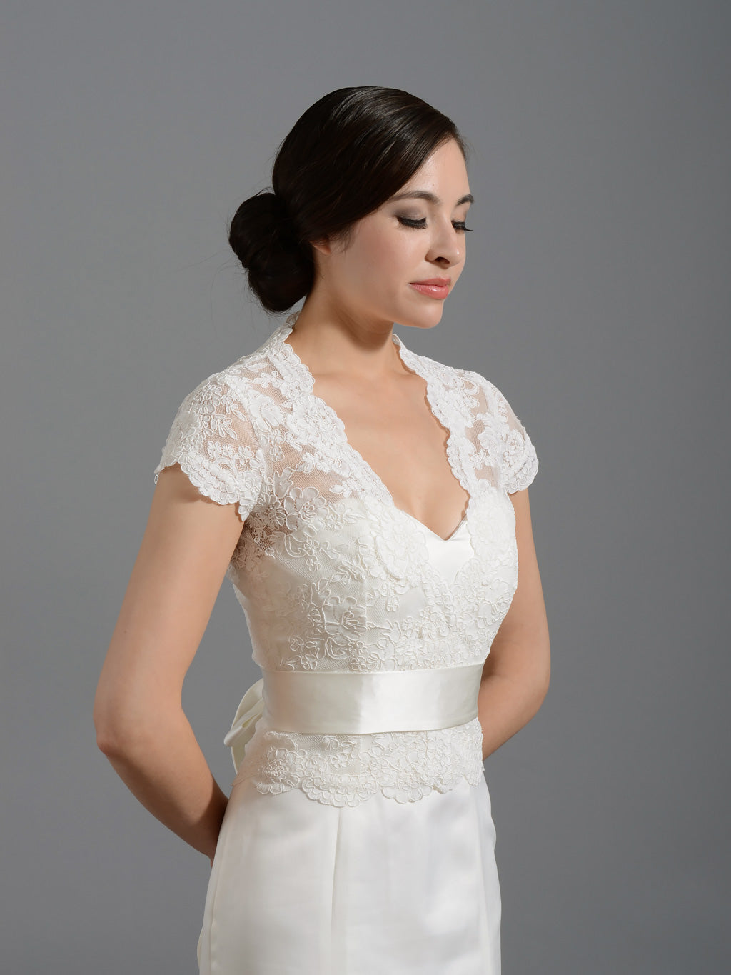 Front open Ivory Alencon Lace Wedding jacket Bridal Bolero