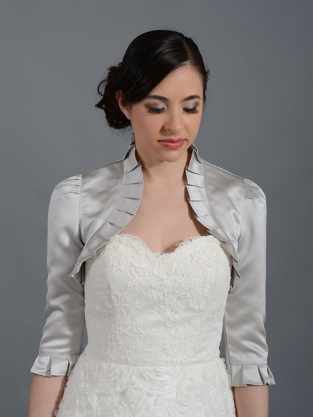 Silver 3/4 sleeve wedding satin bolero jacket Satin008_Silver