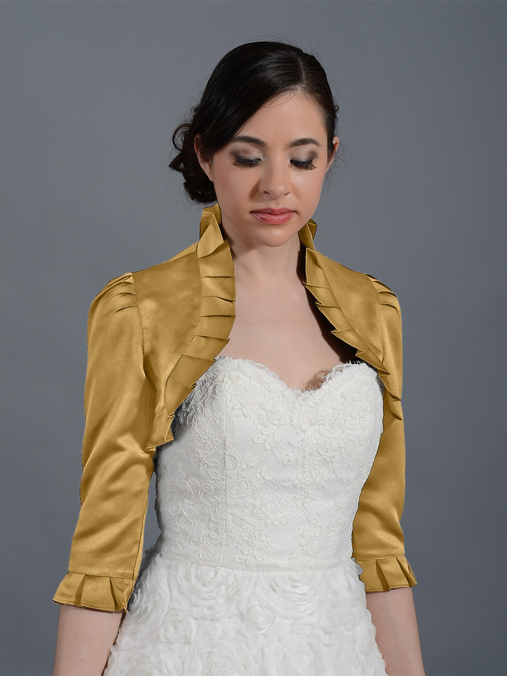 Gold 3/4 sleeve wedding satin bolero jacket Satin008_Gold