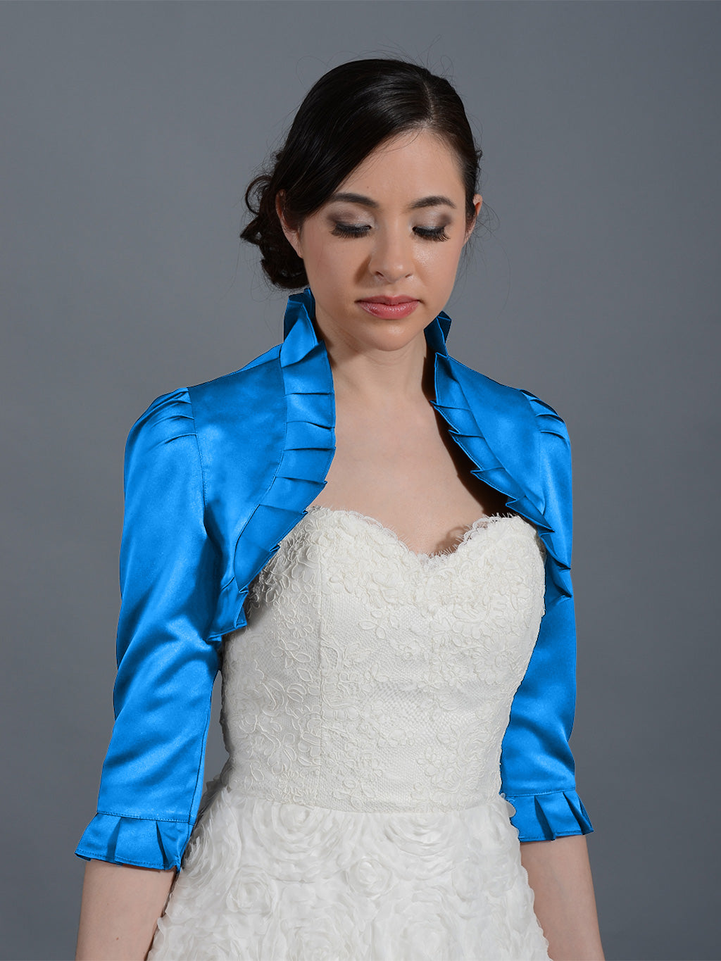 Bright Blue 3/4 sleeve satin wedding bolero jacket -Satin008