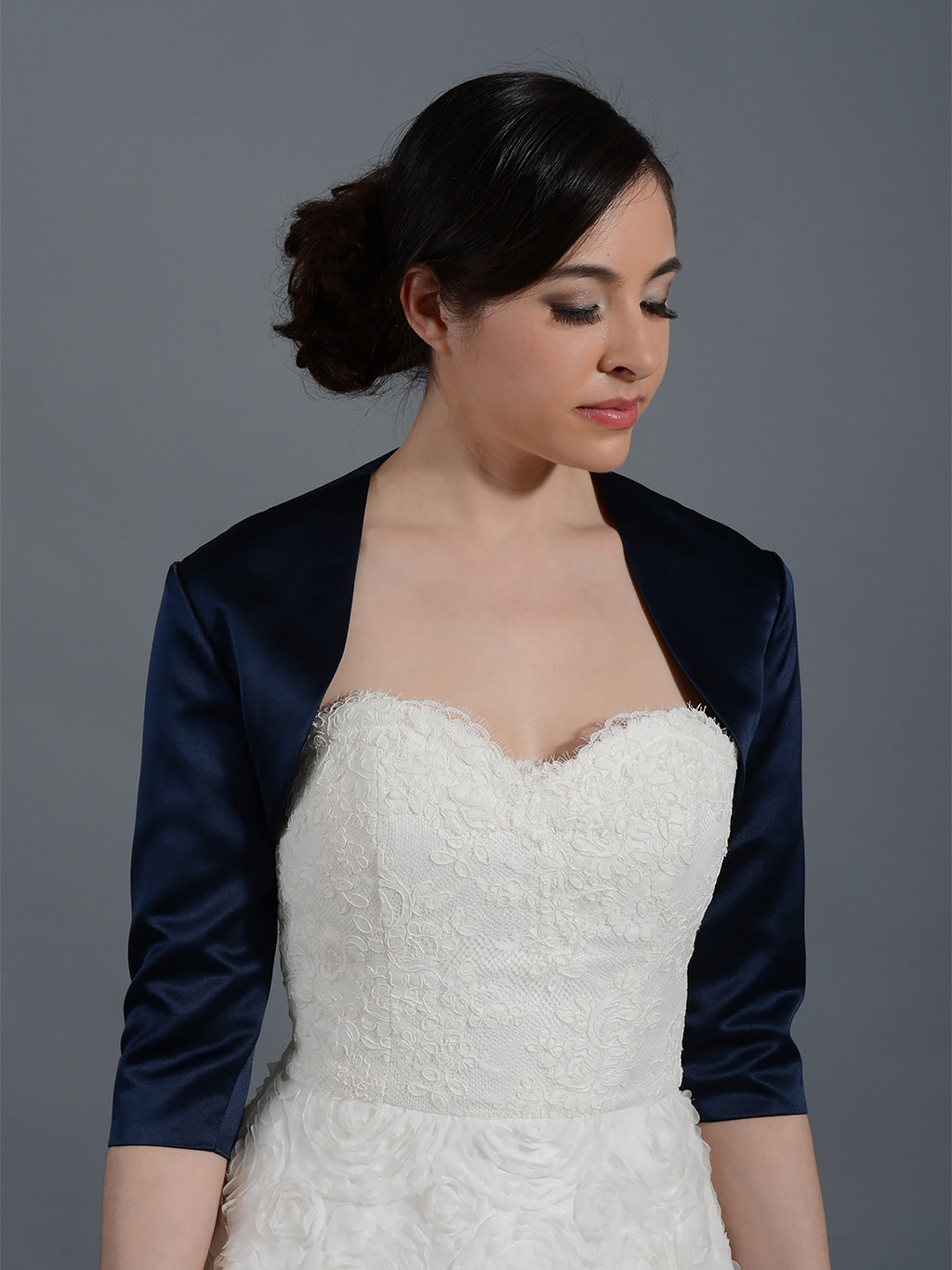 Navy Blue 3/4 sleeve wedding satin bolero jacket Satin009_Na