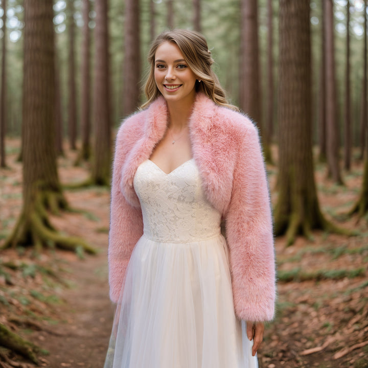 pink faux fur bolero on a model