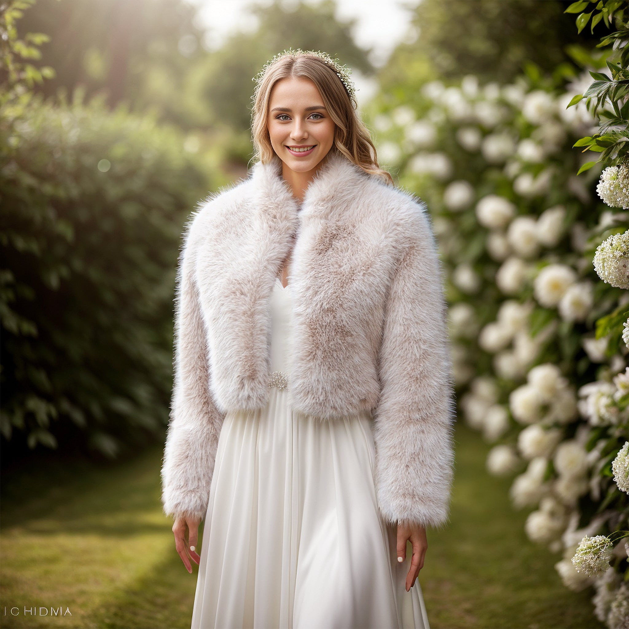 Light beige faux fur jacket with collar