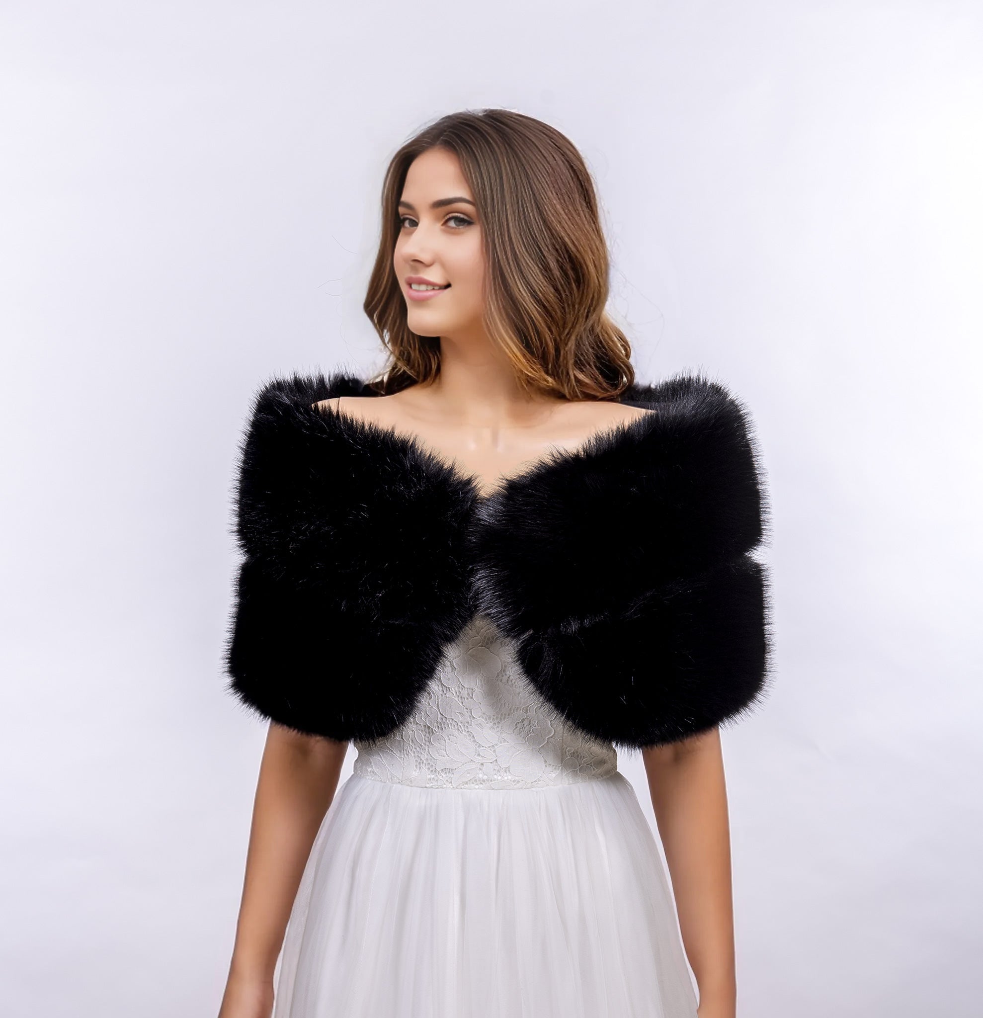 Black faux fur wrap bridal shawl wedding stole