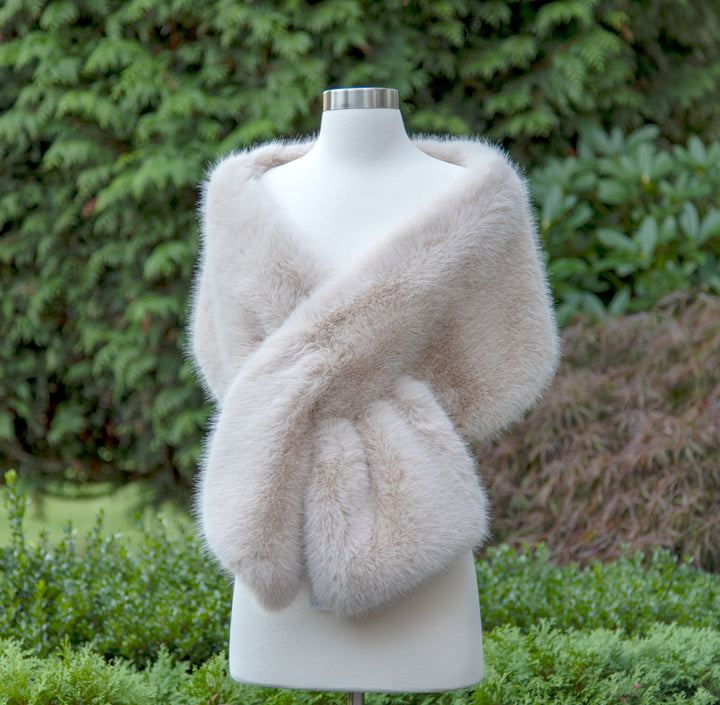 Light beige faux fur wrap bridal shawl wedding cape