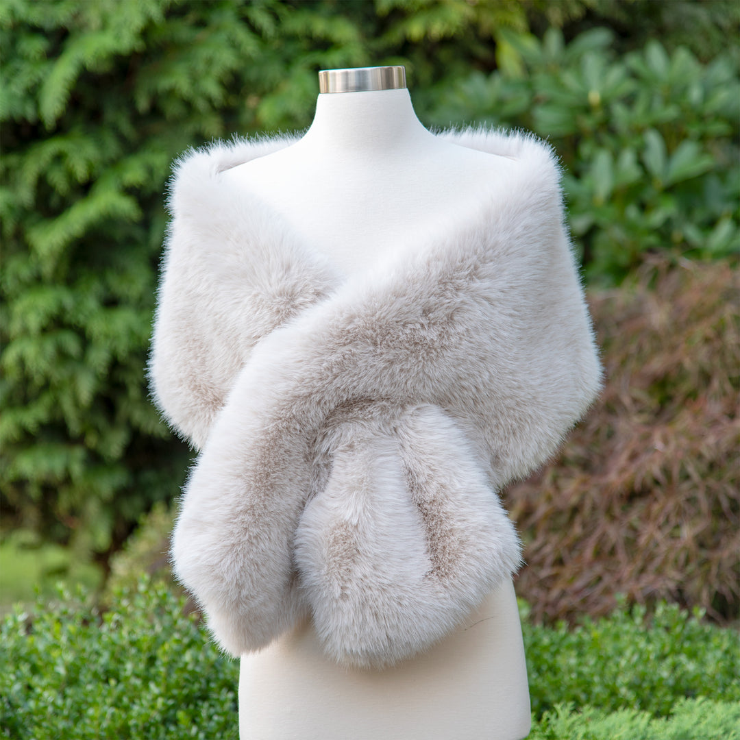 Light blush gray faux fur wrap bridal shawl