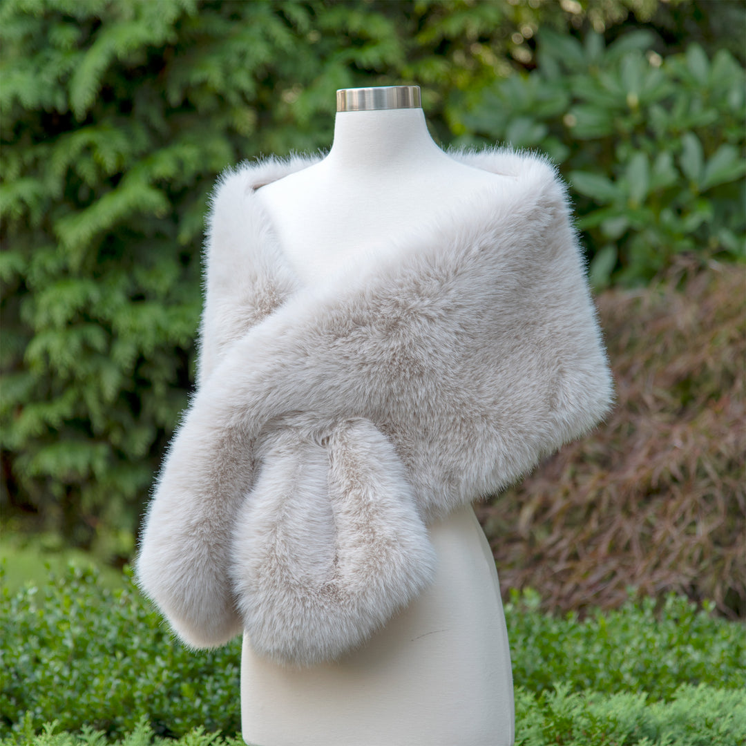 Light blush gray faux fur wrap bridal shawl