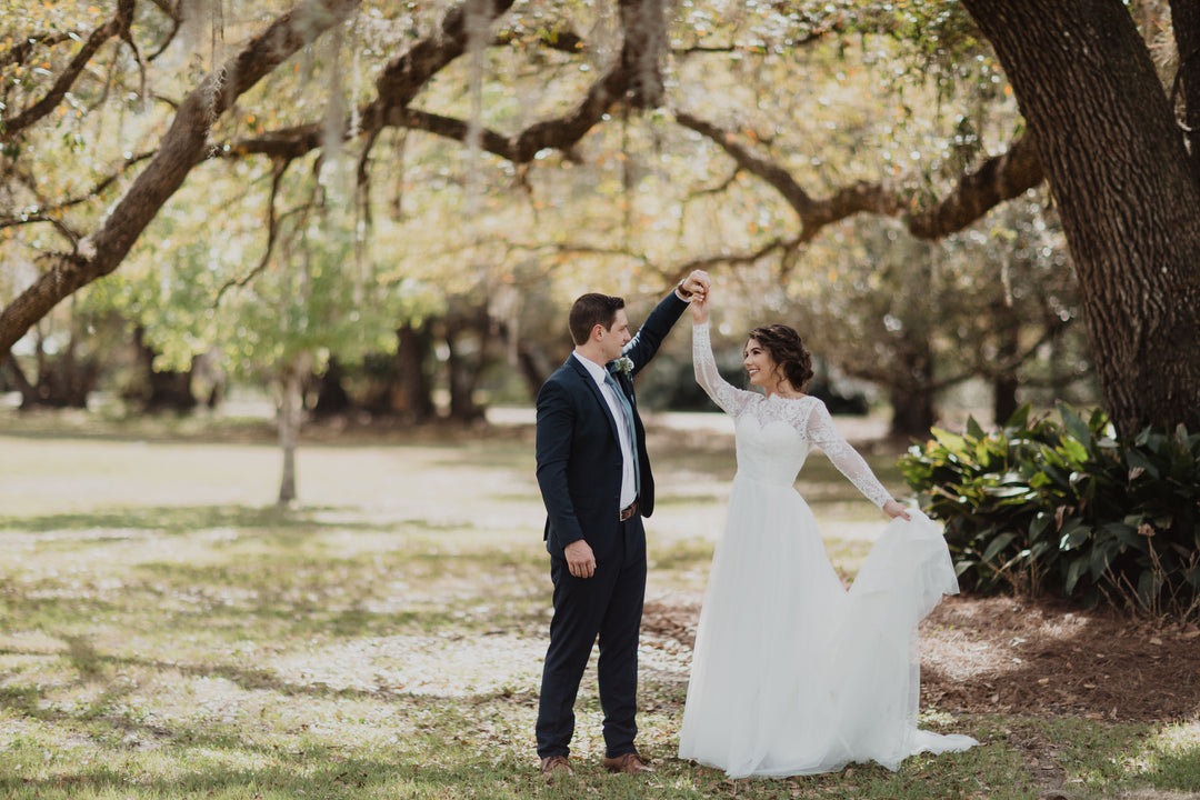 Long sleeve Alencon lace wedding dress