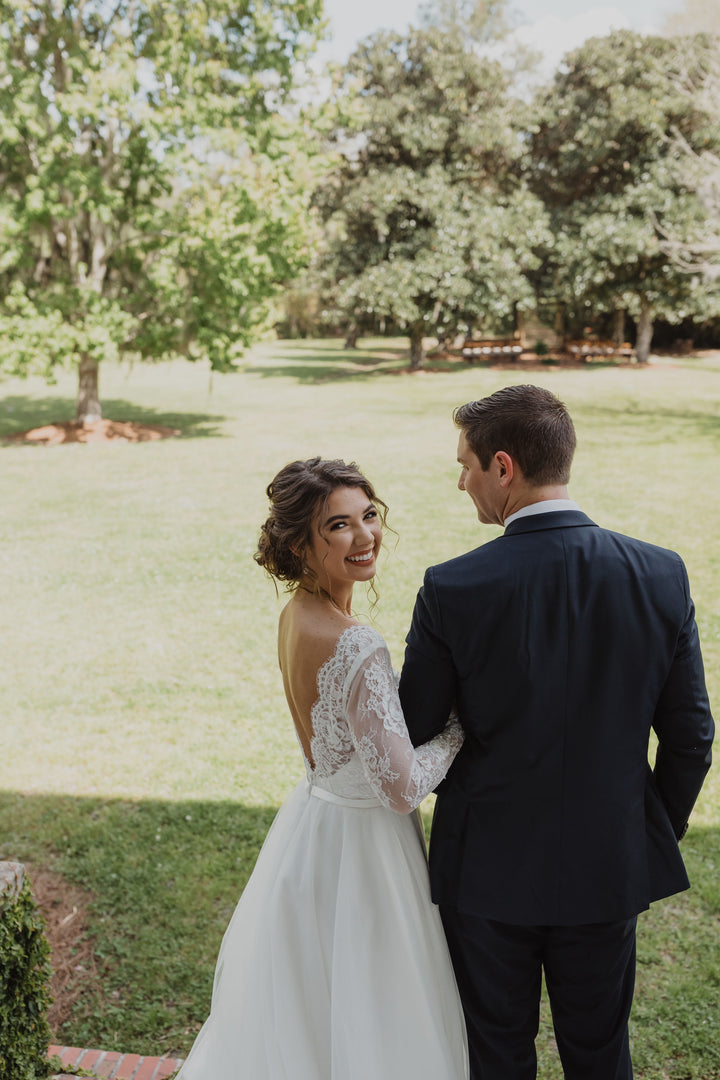 Long sleeve Alencon lace wedding dress