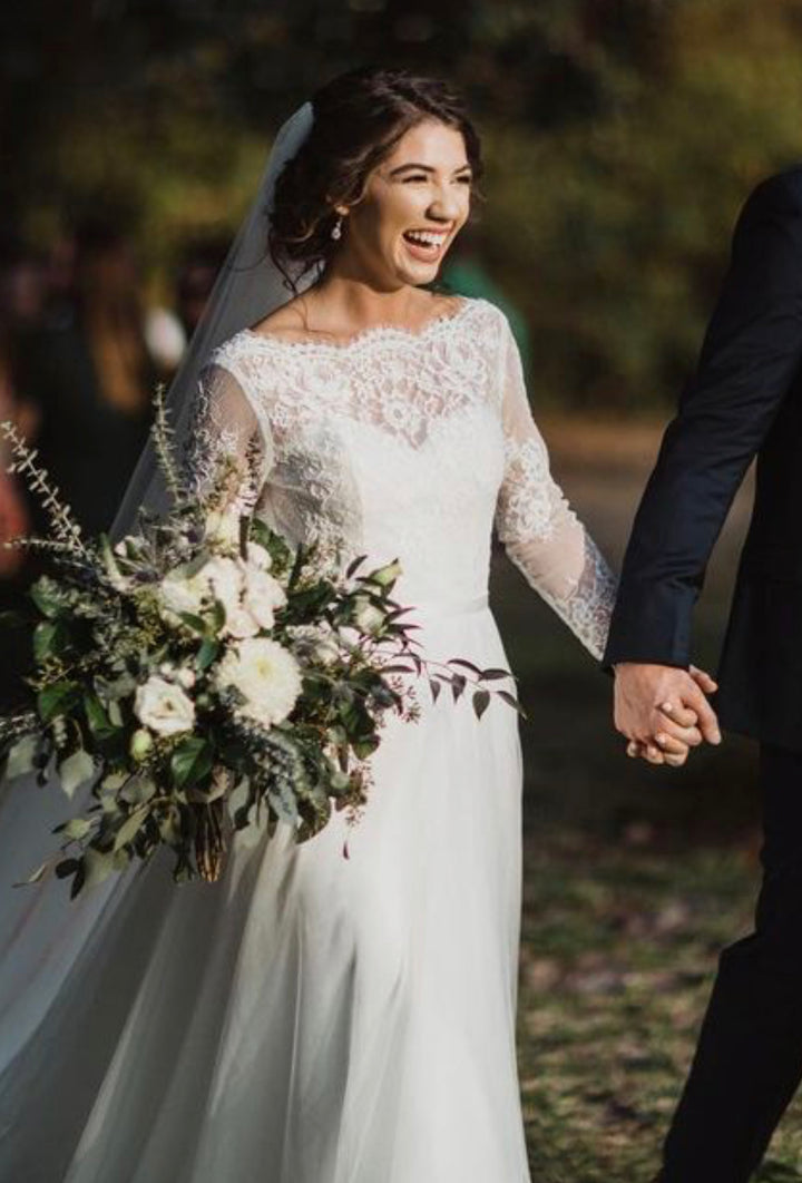 Long sleeve Alencon lace wedding dress