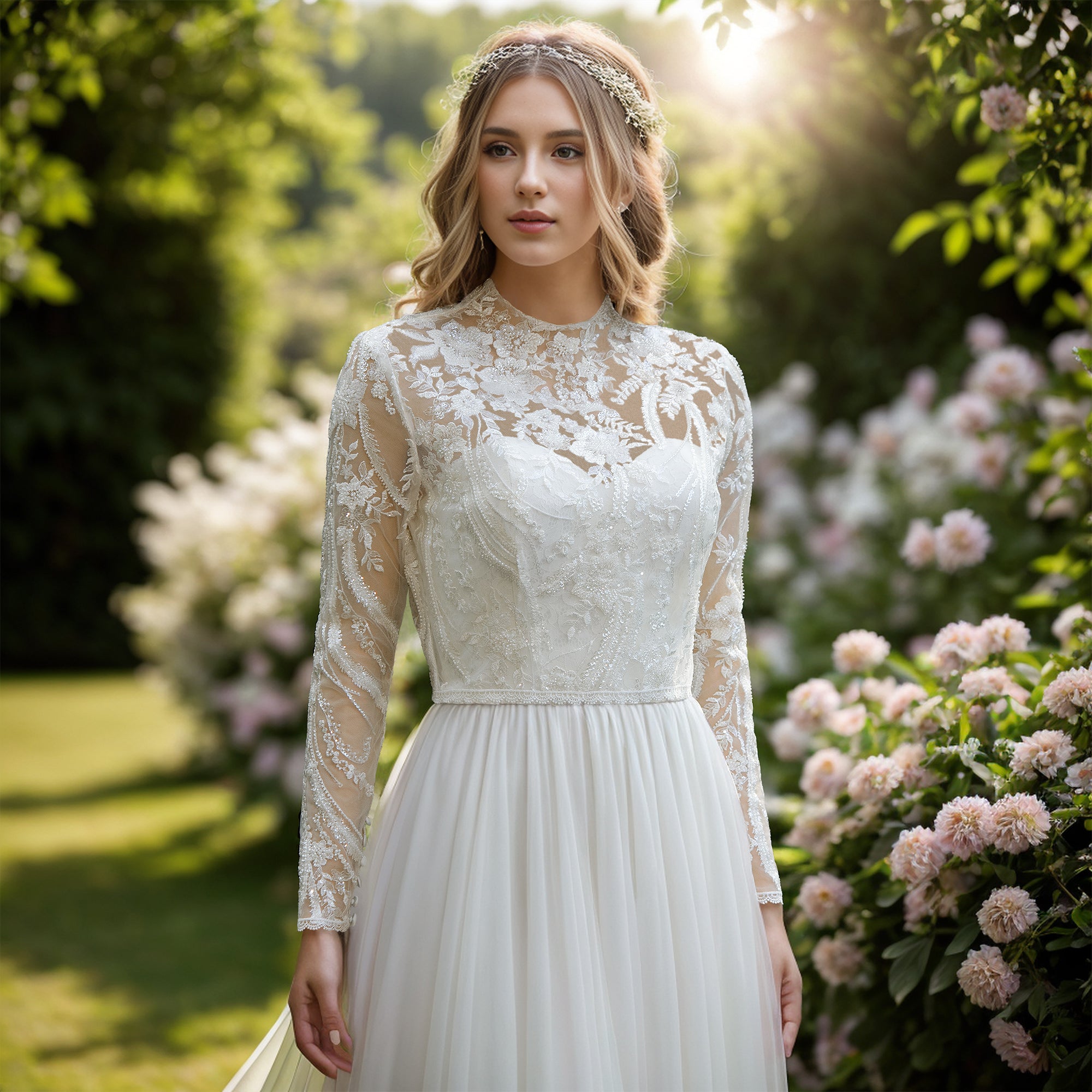 High neck fashion and long sleeve wedding dress