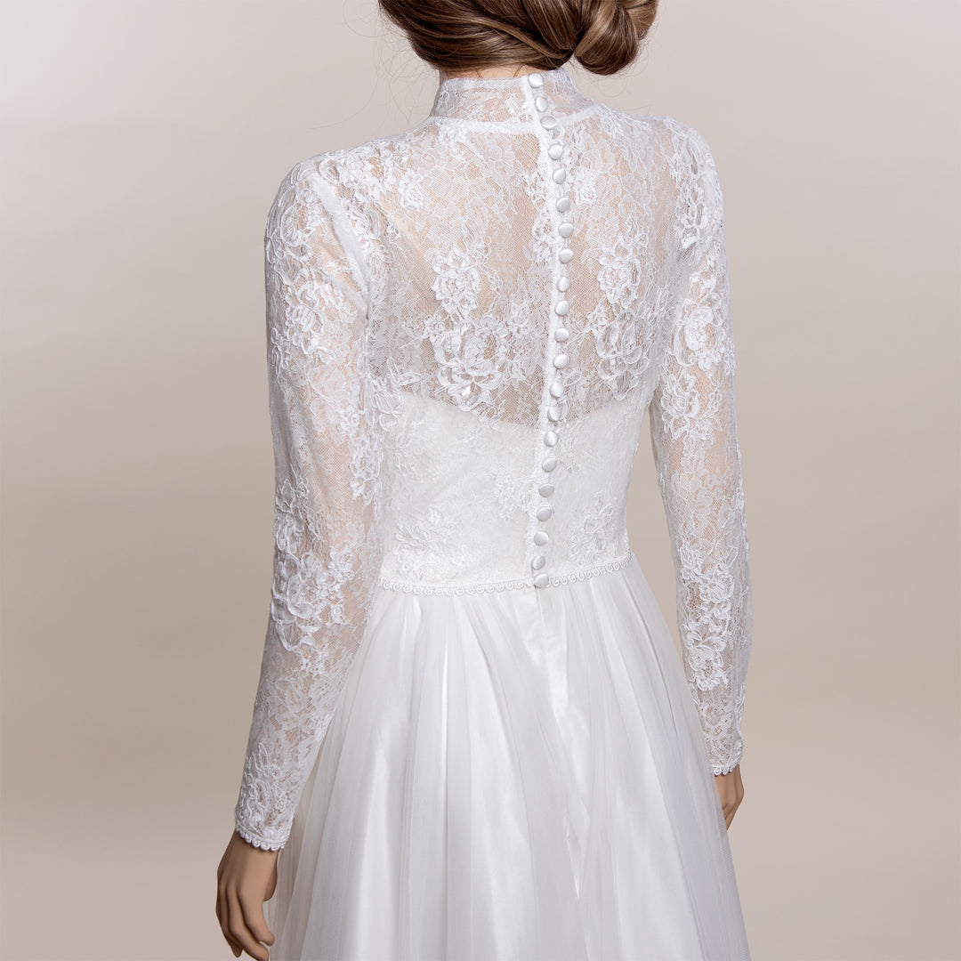 High neck alencon lace wedding dress topper