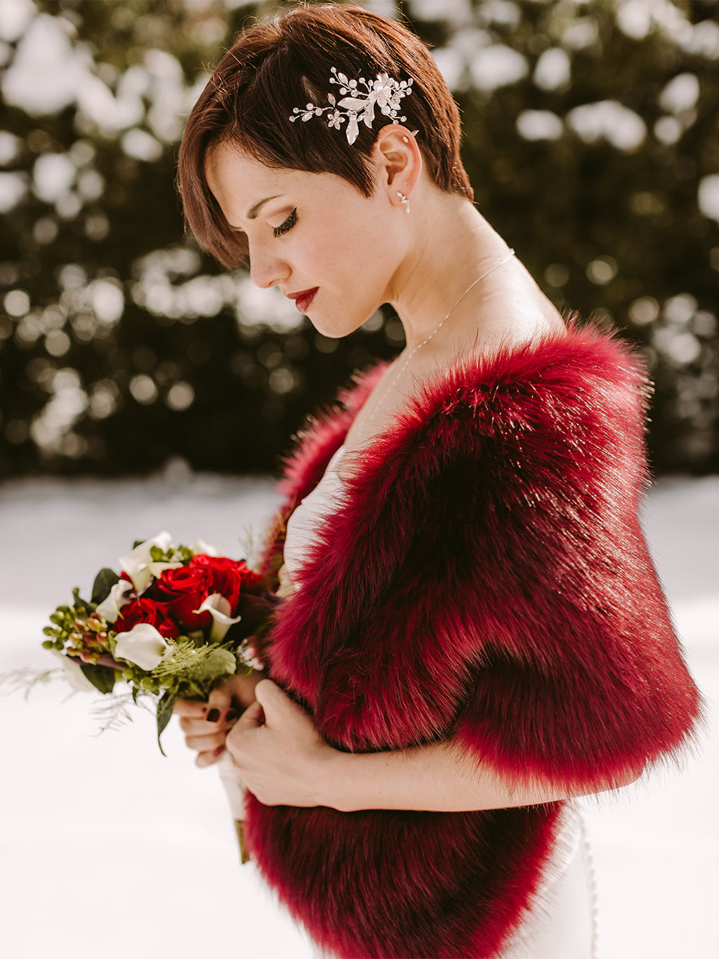 Red Faux Fur Bridal Wrap, Wedding Fur Shrug, Wine Red Fur Wrap