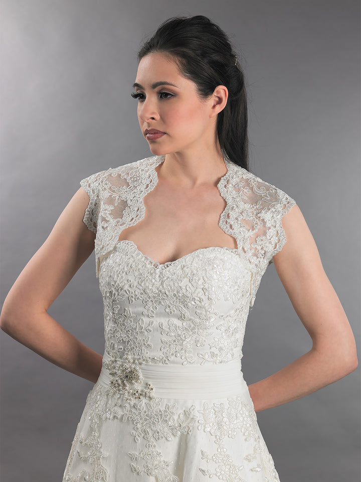 Sleeveless bridal keyhole back alencon lace bolero