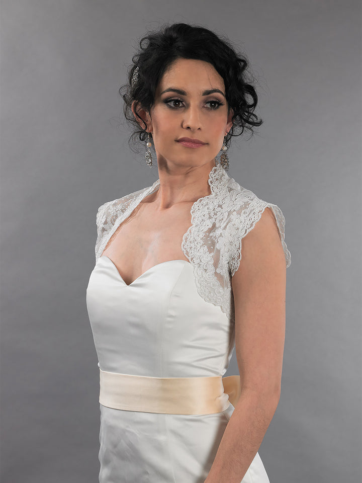 Sleeveless bridal keyhole back alencon lace bolero