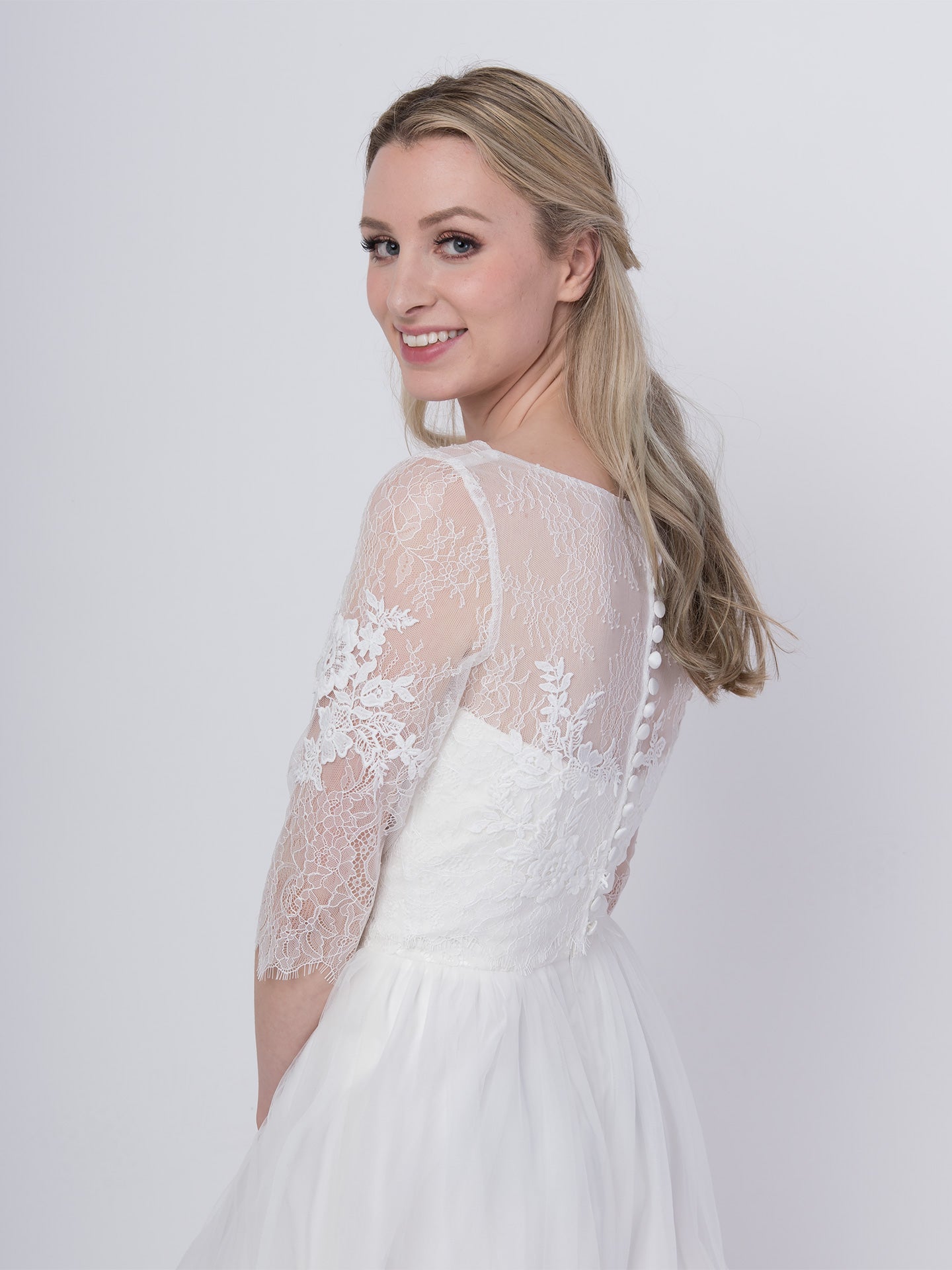 Lace wedding dress topper elbow length sleeve Tulip Bridal