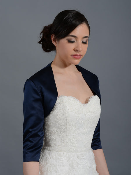 – jacket satin Navy 3/4 Tulip sleeve Bridal wedding bolero Blue