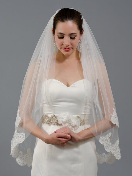 Tulip Bridal Ivory Elbow Wedding Veil with Rhinestone Applique V048