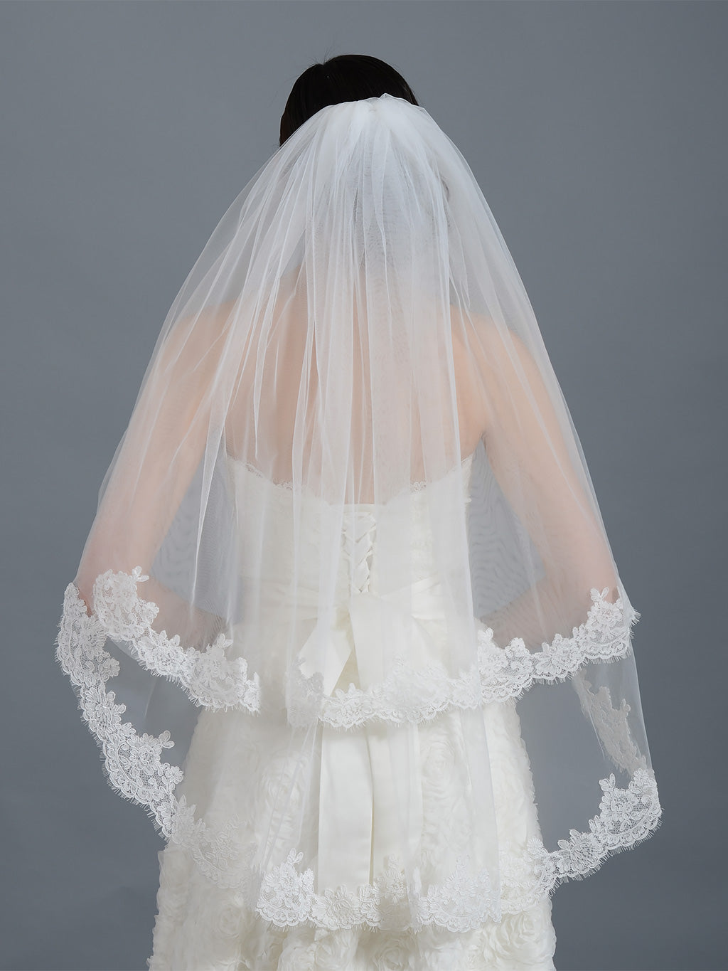 2-tier Ivory Elbow Alencon Lace Wedding Veil V042 – Tulip Bridal