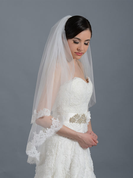 Tulip Bridal Ivory Short Elbow Alencon Lace Wedding Veil V050