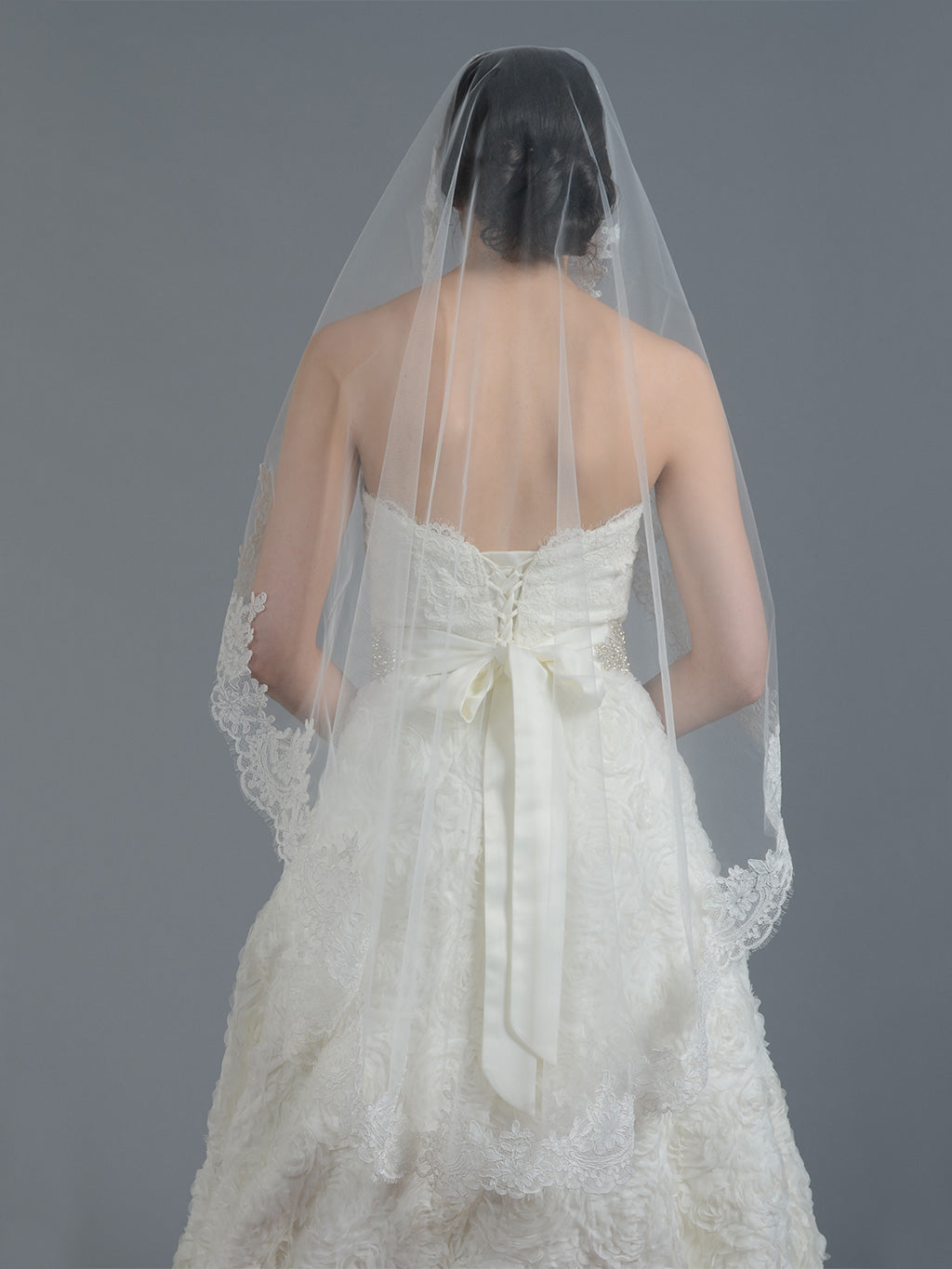 Wedding Chapel Veil with Lace Dragging Behind The Bride Alencon Lace Bottom  Wedding Veil TSDZ019
